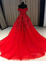 Gorgeous Off Shoulder Red Lace Long Prom Dresses, Red Lace Formal Evening Dresses, Red Ball Gown