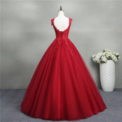 Gorgeous Red Ball Gown Sweet 16 Gown, Red Tulle with Lace Applique Party Dresses