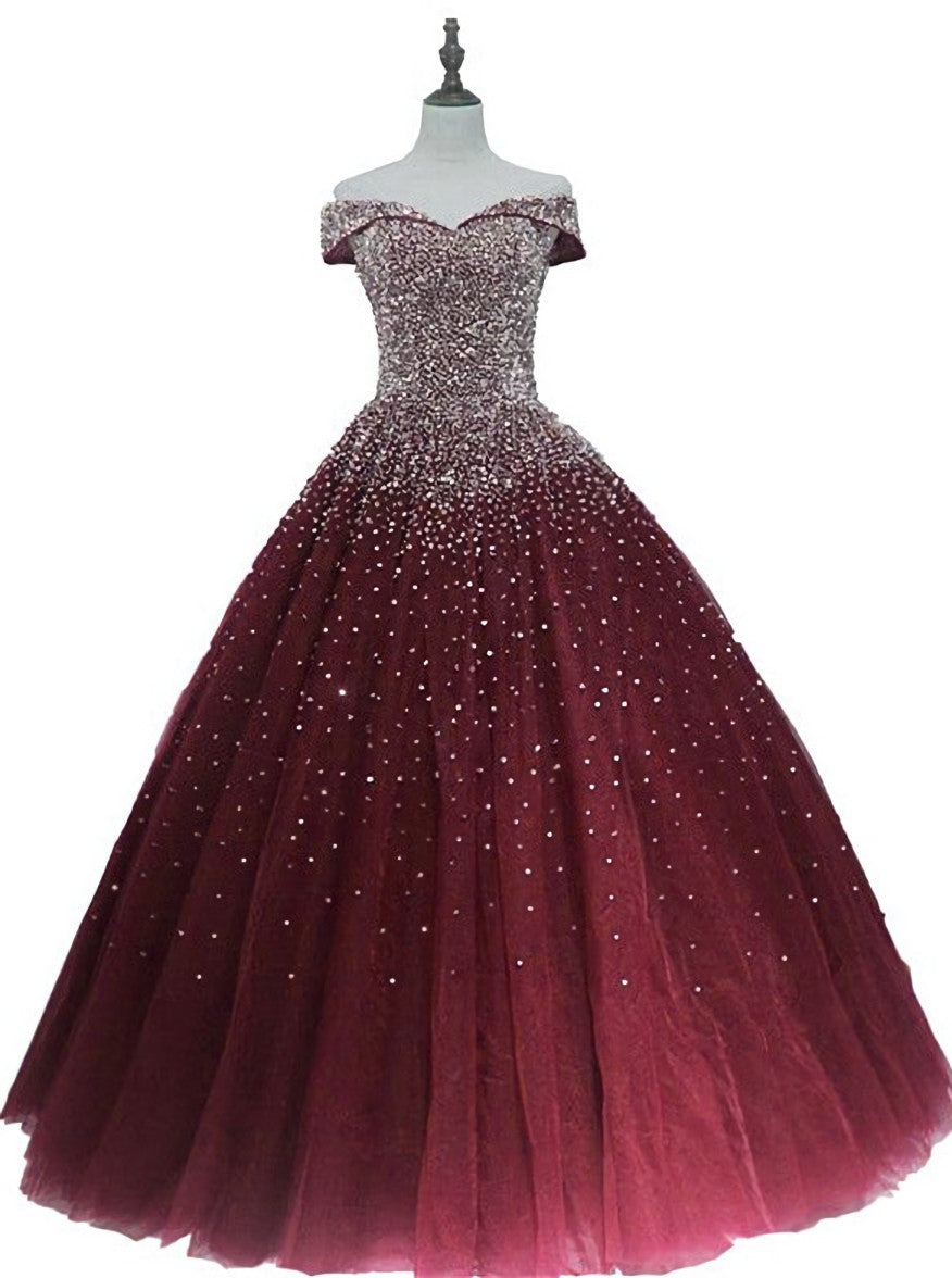 Gorgeous Sparkle Burgundy Off Shoulder Sweet 16 Gown, Burgundy Prom Dress