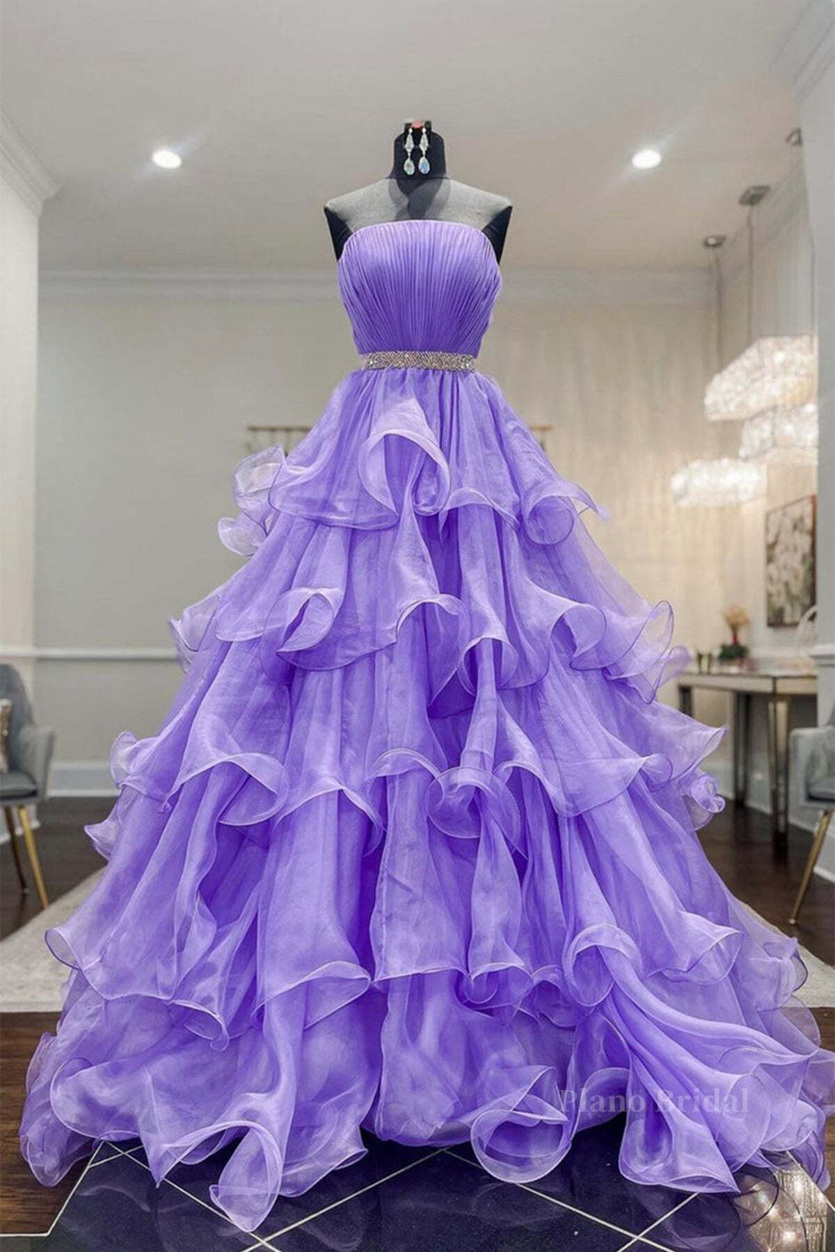 Gorgeous Strapless Layered Purple Tulle Long Prom Dresses with Belt, Purple Formal Evening Dresses, Purple Ball Gown