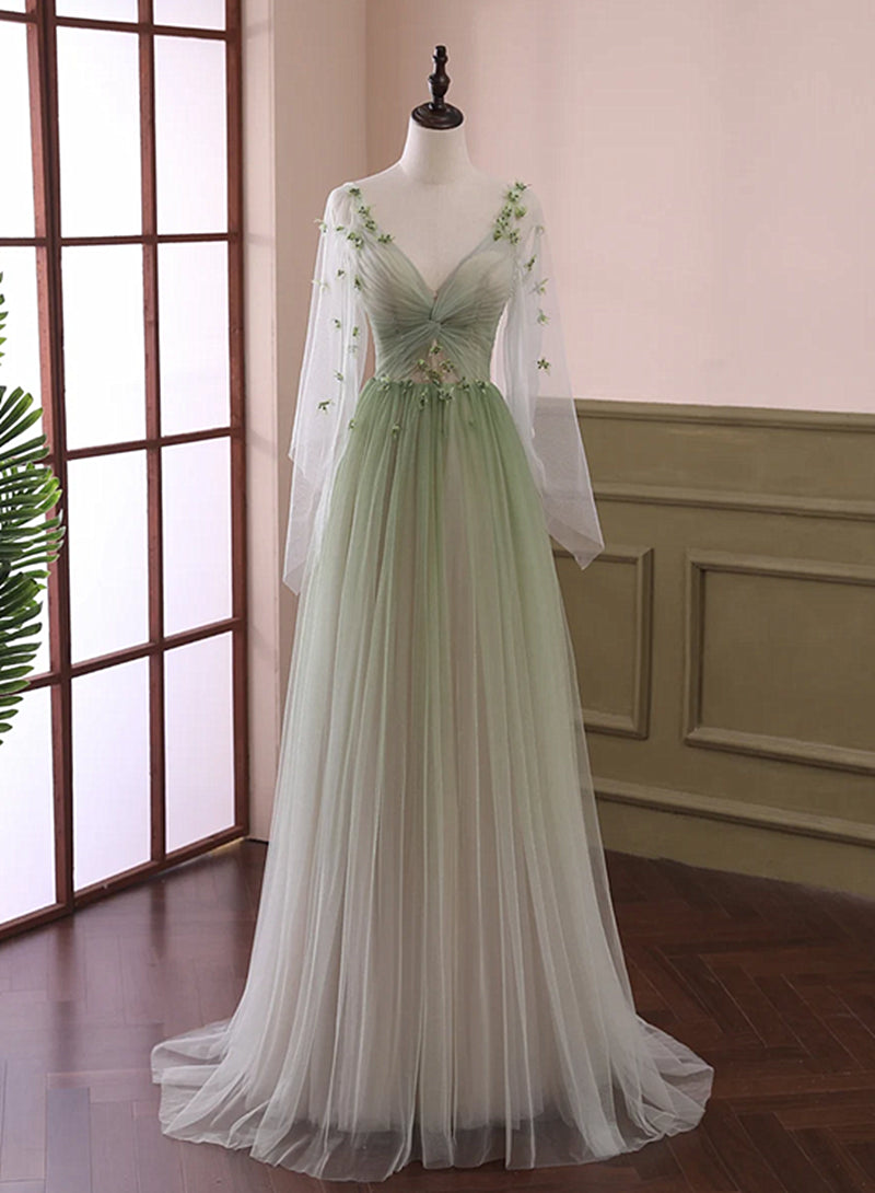 Gradient Tulle Green Beaded Long Sleeves Party Dress, Green Formal Dress