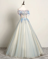 Gray Blue Sweetheart Lace Long Prom Dress, Gray Blue Tulle Evening Dress