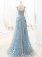 Gray Blue V Neck Tulle Sequin Long Prom Dress, Blue Evening Dress