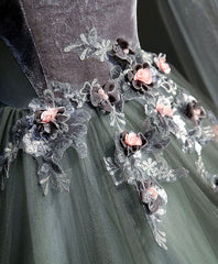 Gray Green Tulle Lace Long Prom Dress Gray Tulle Formal Dress