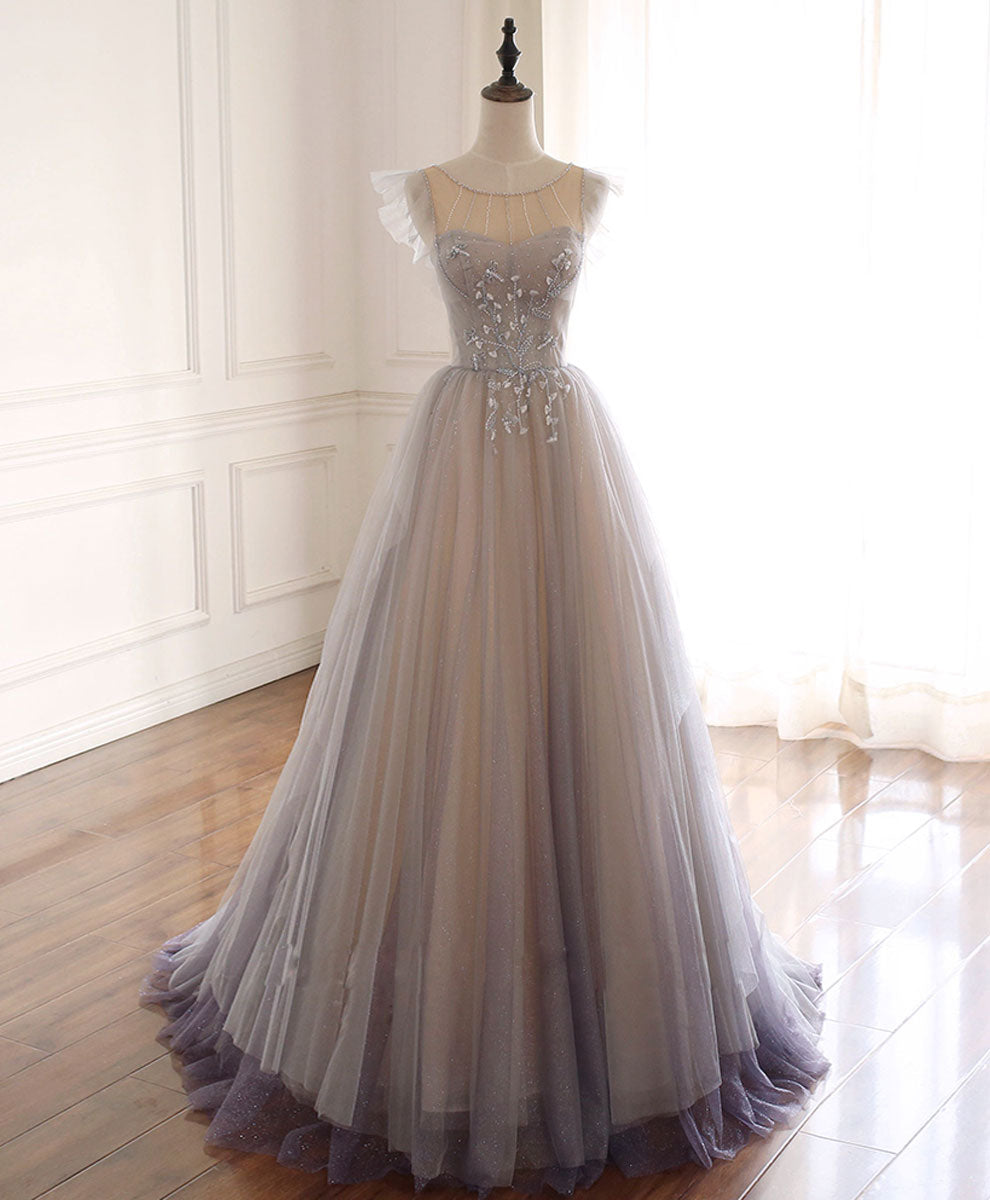 Gray Purple Round Neck Tulle Long Prom Dress, A line Formal Graduation Dress