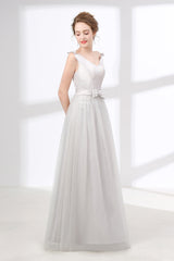 Gray Silver V Neck Tulle Prom Dresses