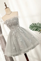 Gray Strapless Tulle Short Prom Dress with Sequins, Cute A-Line Party Dress