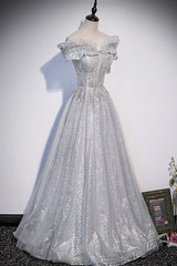 Gray Tulle Beaded Long A-Line Prom Dress, Cute Evening Party Dress