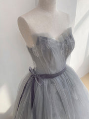 Gray Tulle Lace Long Prom Dress, Gray Ball Gown Formal Dresses