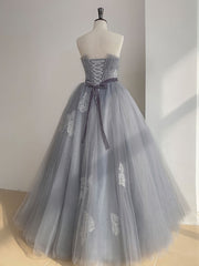 Gray Tulle Lace Long Prom Dress, Gray Ball Gown Formal Dresses