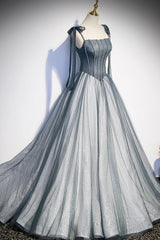 Gray Tulle Long A-Line Prom Dress with Beaded, Spaghetti Straps Gray Evening Dress