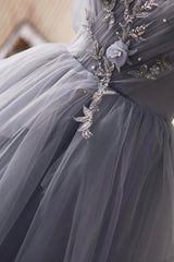 Gray Tulle Long Prom Dress, Off Shoulder Evening Dress Party Dress