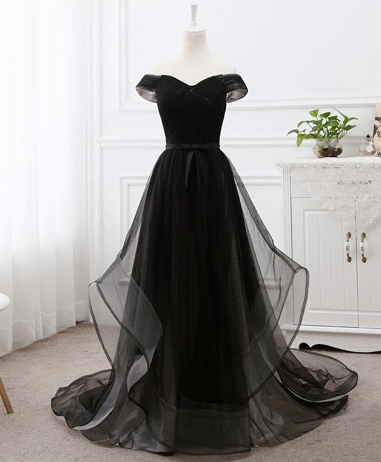 Black Tulle Long Prom Dress, Black Evening Gdress