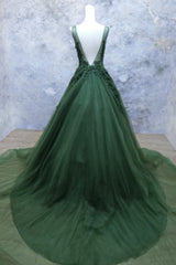 Green Beaded and Lace V-neckline Low Back Long Party Dresses, Green Evening Dress Party Dresses