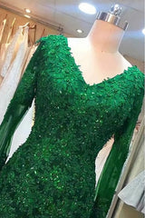 Green Beaded Lace Bride Mother's Evening Gown Long Sleeve