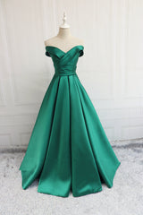 Green Off Shoulder Fashionable Long Evening Dress, Satin Long Prom Dress