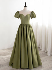 Green Puff Sleeves Satin Long Prom Dress, Green Long Formal Dresses