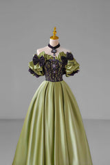 Green Satin Floor Length Prom Dress with Lace, Green Evening Party Dress