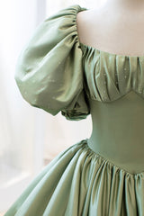 Green Satin Puff Sleeves Long Prom Dress, Green A-Line Formal Dress