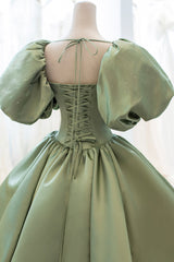 Green Satin Puff Sleeves Long Prom Dress, Green A-Line Formal Dress