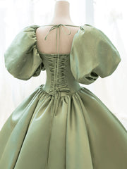 Green Satin Puffy Sleeves Long Formal Dress, Green Satin Prom Dress Party Dress