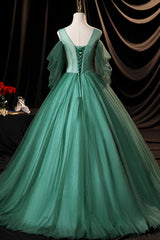 Green Scoop Neckline Tulle Formal Evening Dress, A-Line Long Sleeve Prom Dress