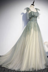 Green Shiny Tulle Long Formal Evening Dress, A-Line Graduation Dress