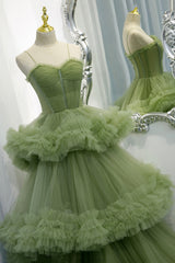 Green Spaghetti Straps Tulle Layers Long Formal Dress, Green Evening Party Dress