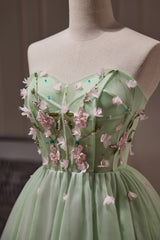 Green Strapless Tulle Short Prom Dress with Lace, Green Party Dress