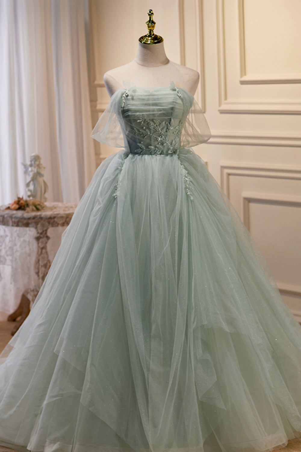 Green Sweetheart Beaded Tulle Long Prom Dress, Green Evening Dress