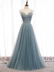 Green Sweetheart Neck Tulle Sequin Long Prom Dress Green Evening Dress