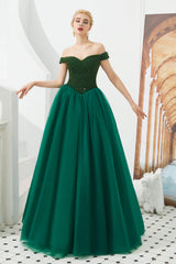 Tulle A line Off Shoulder Sweetheart Beaded Bodice Long Prom Dresses