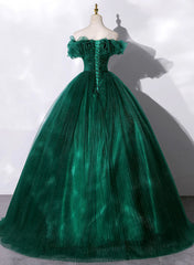 Green Tulle Beaded Waist Ball Gown Sweet 16 Dress, Off Shoulder Green Prom Dress