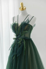 Green Tulle Long A-Line Prom Dress, Spaghetti Straps Evening Dress