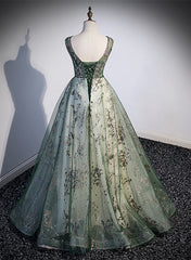 Green Tulle Round Neckline Long Party Dress, Green Lace Prom Dress