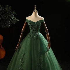 Green Tulle with Lace Applique Long Prom Dress, Green Sweet 16 Dresses