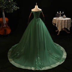 Green Tulle with Lace Applique Long Prom Dress, Green Sweet 16 Dresses