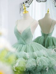 Green V Neck Tulle Long Prom Dresses,  Ball Gown Green Sweet 16 Dresses