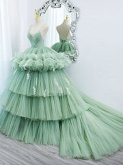 Green V Neck Tulle Long Prom Dresses,  Ball Gown Green Sweet 16 Dresses