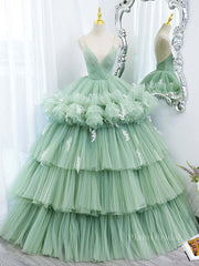 Green v neck tulle long prom gown, green tulle sweet 16 dress