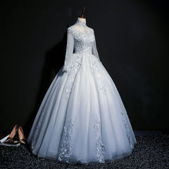 Grey A-line Long Sleeves with Lace Party Gown, Sweet 16 Dress