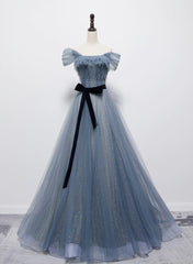 Grey-Blue Tulle Off Shoulder Long Party Dress with Bow, A-line Floor Length Prom Dress