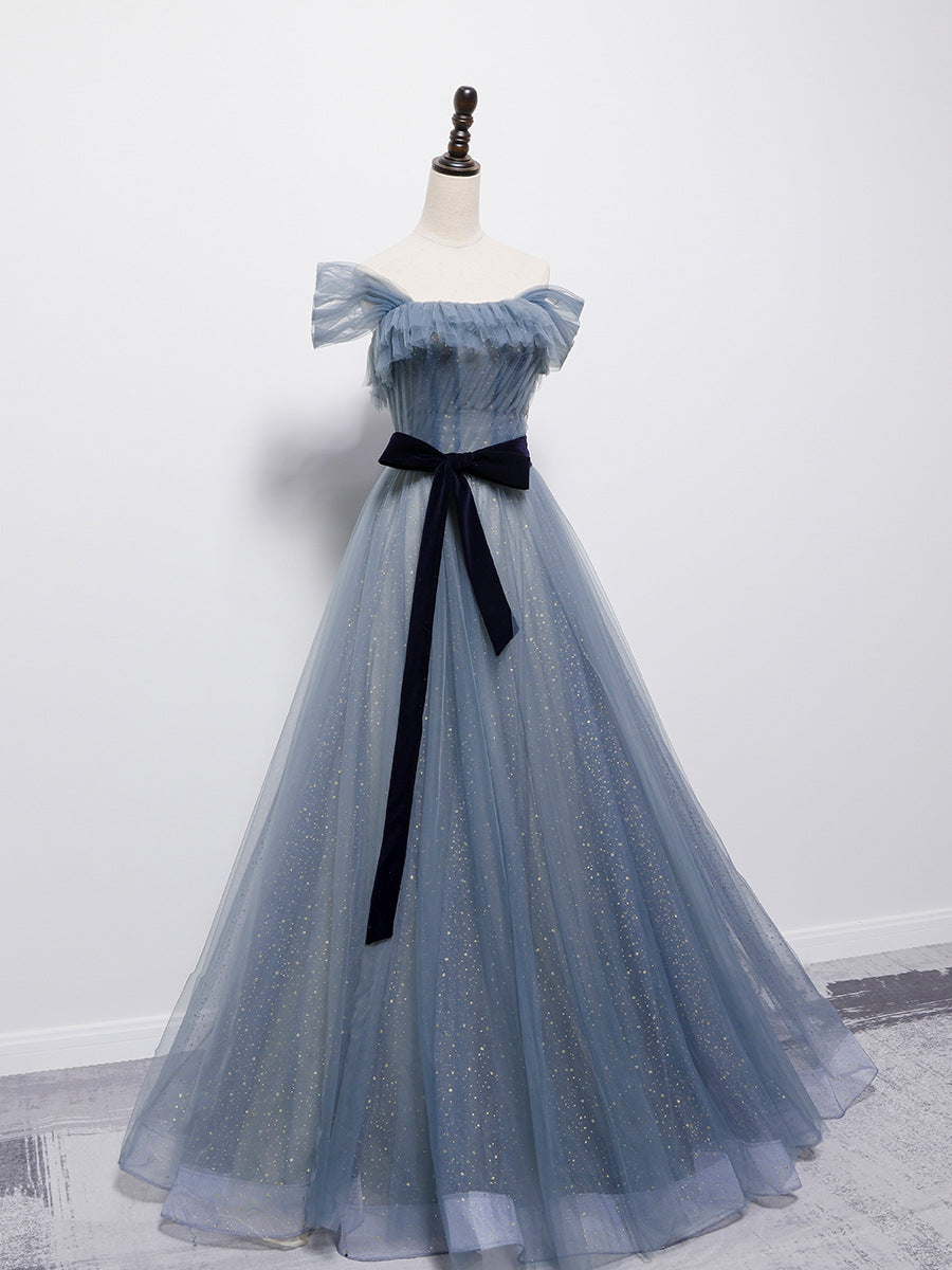 Grey-Blue Tulle Off Shoulder Long Party Dress with Bow, A-line Floor Length Prom Dress