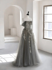 Grey Off Shoulder Tulle with Lace Applique Long Party Dress,Grey Prom Dress