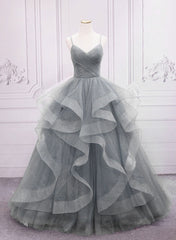 Grey V-neckline Tulle Long Formal Dress, Grey Sweetheart 16 Dress