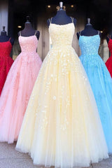 A Line Tulle Yellow Spaghetti Straps Prom Dresses With Appliques Party Dresses