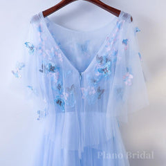 Half Sleeves Round Neck Blue Floral Long Prom Dresses, Blue Long Formal Evening Dresses with Flower