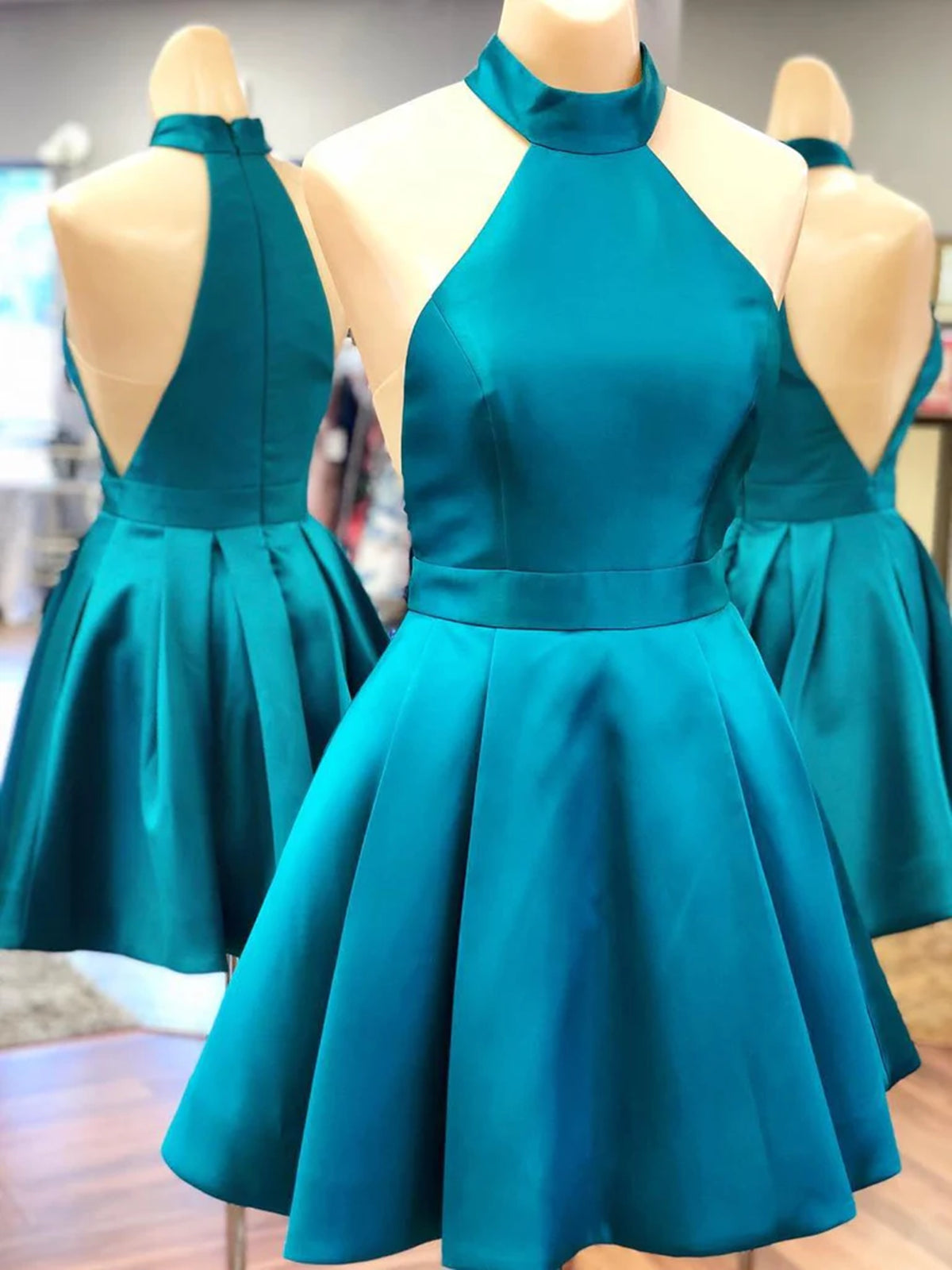 Halter Neck Blue Satin Short Prom Dresses, Halter Neck Short Graduation Homecoming Dresses