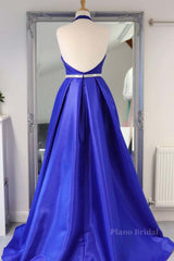 Halter V Neck Backless Blue Long Prom Dresses with Belt, Backless Blue Formal Evening Dresses