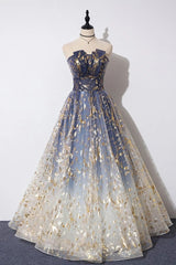 Charming Blue Floral Print Tulle Strapless Long A Line Prom Dresses, Dance Dresses